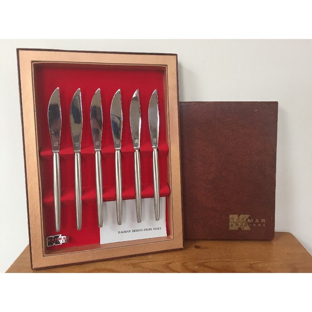 Set 6 Vintage Mid Century Kalmar Italy Stainless Steel Dinner Knives Set w Box